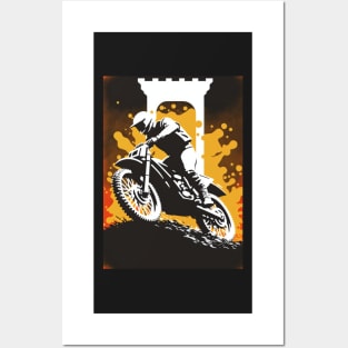 Dirt bike rider - black silhouette w/orange splash Posters and Art